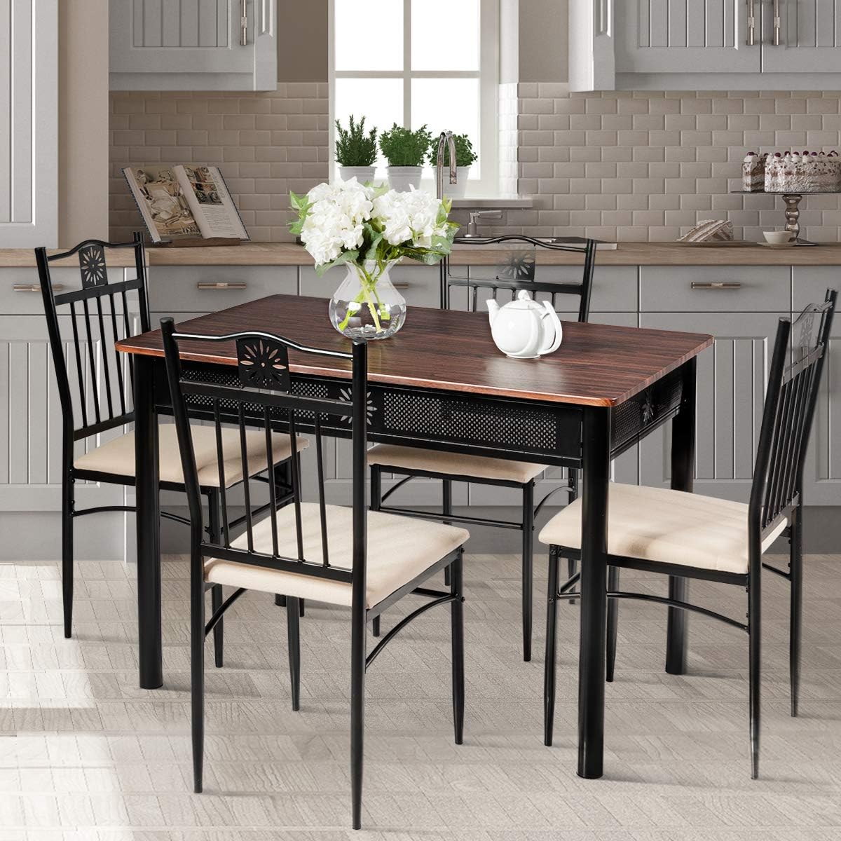 Tangkula 5 Pieces Dining Table and Chairs Set, Vintage Retro Wood Top Metal Frame Padded Seat Dining Table Set Home Kitchen Dining Room Furniture