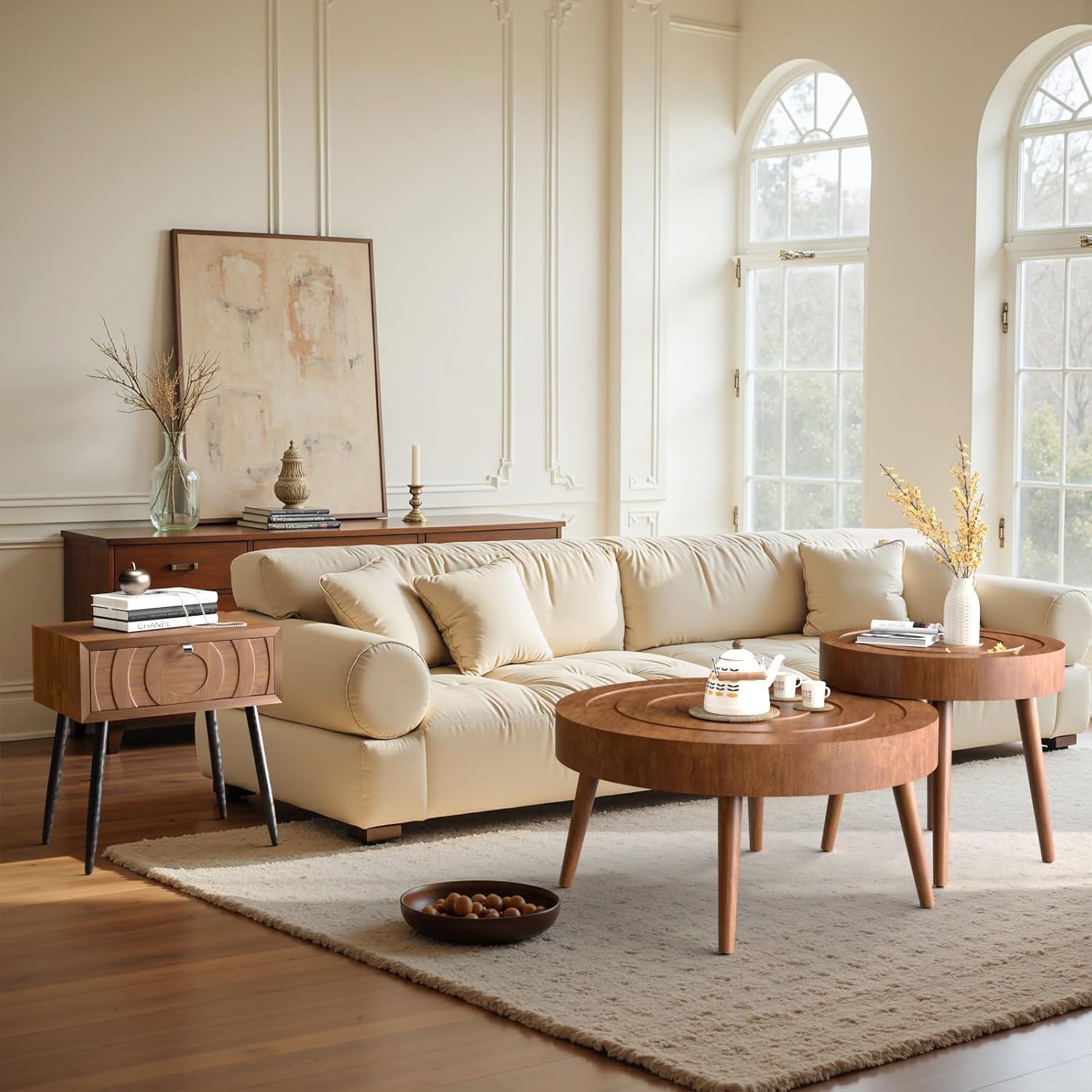 SUNBURY Round Coffee Table, Nesting Tables with Concentric Circle Pattern, Mid Century Modern Coffee Table Set for Living Room Bedroom, 31.5'x16' and 21.8'x20'