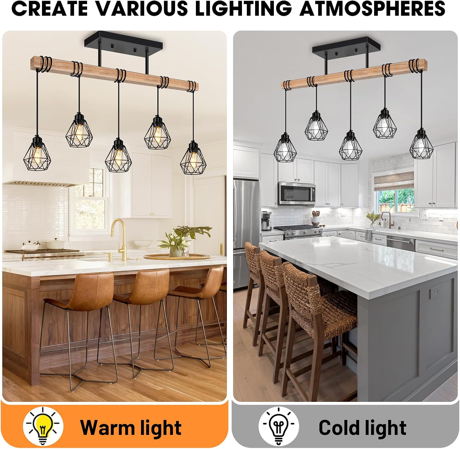 5-Lights Farmhouse Hanging Pendant Light, Dinng Room Light Fixtures for Kitchen Island Lighting Over Table, Black Rustic Wood Ceiling Pendant Lights with Metal Shade for Living Room, Foyer