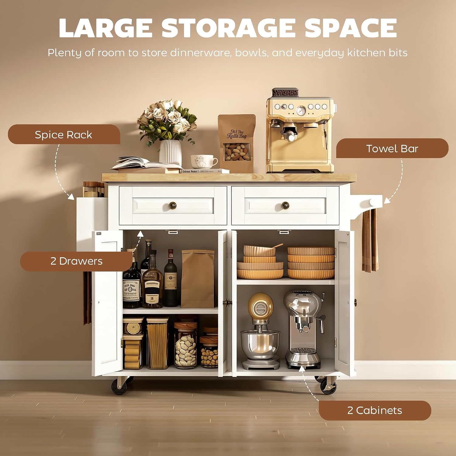 HOMCOM Kitchen Island Cart with Solid Wood Top, 44' Mobile Kitchen Island Table on Wheels with Storage Cabinets, 2 Drawers, Adjustable Shelves, Spice Rack & Towel Bar for Dining Room, White