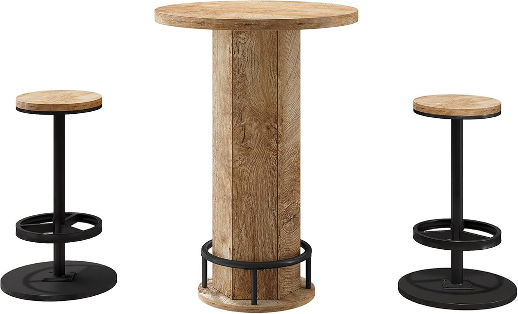 Tribesigns Round Bar Table with Chairs, Industrial Bistro Sets with 2 barstools, Pub Cocktail Table with Metal Ring Footrest for Kitchen Nook, Apartment, Small Space