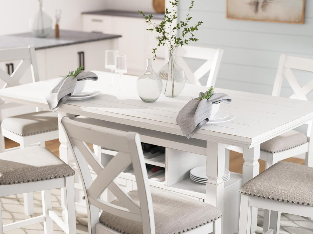 Signature Design by Ashley Robbinsdale Casual Counter Height Dining Table with 10 Bottle Wine Storage, Open Shelves, Drawers and Cabinet, Antiqued White Finish, 36' W x 72' L x 37' H