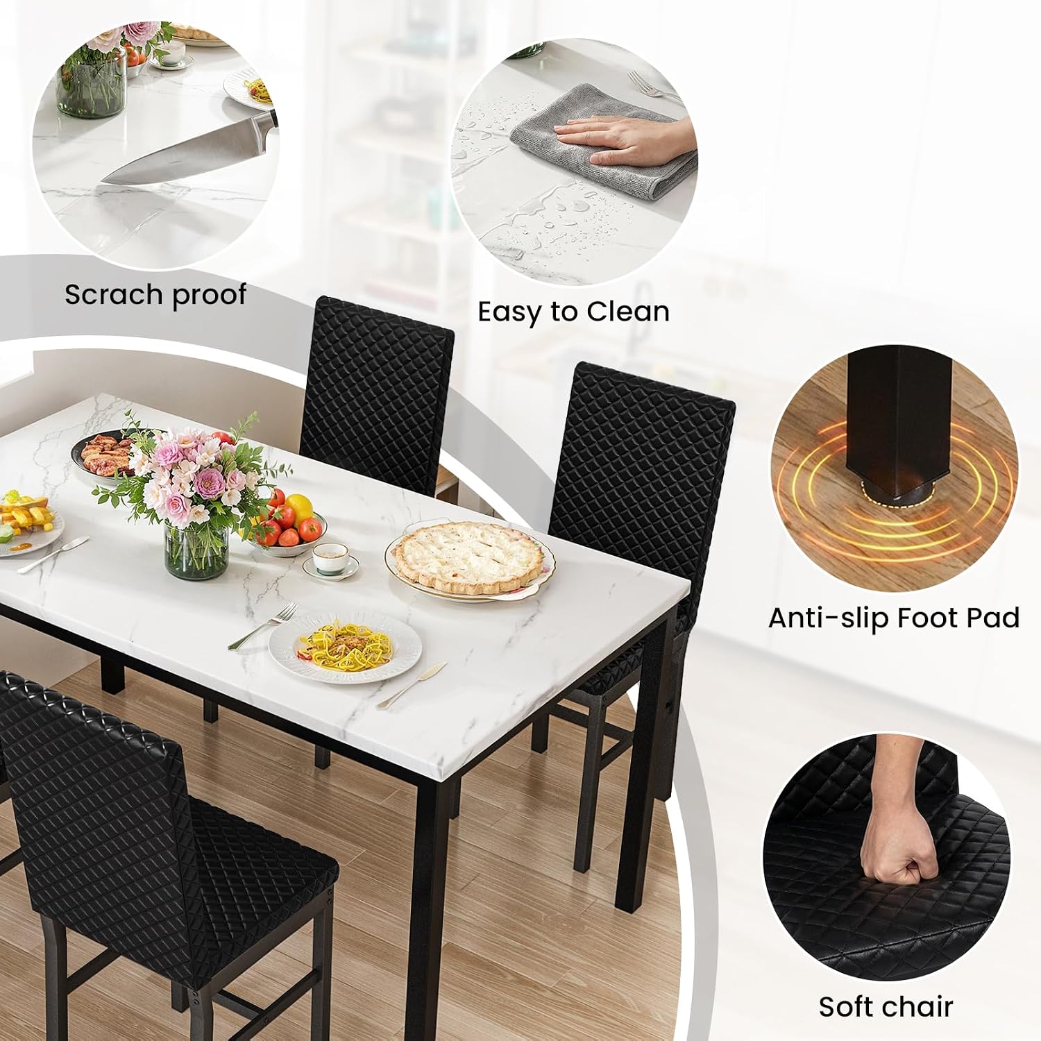 Hooseng Kitchen Table Set 5 Piece Dining Room Table Set Marble Dining Table 4 Chair Dining Table Set for Kitchen Living Room Breakfast Small Spaces (White & Black)