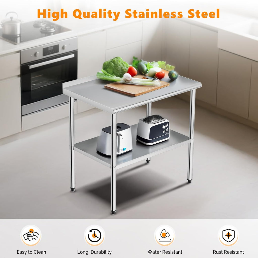ROVSUN 36'' x 24'' Stainless Steel Table for Prep & Work,Commercial Worktables & Workstations, NSF Heavy Duty Metal Table with Adjustable UnderShelf & Backsplash for Kitchen, Restaurant,Home,Hotel