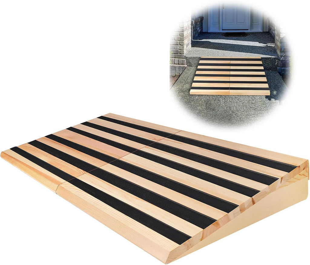 7' Rise Wooden Threshold Ramp for Home Steps, Door Ramp for Wheelchair/Walker/Cart/Scooter, Multipurpose Door Ramp with Non-Slip Stripes(35.4' W*7.0' H, Solid Wood, 800LBs Capacity)