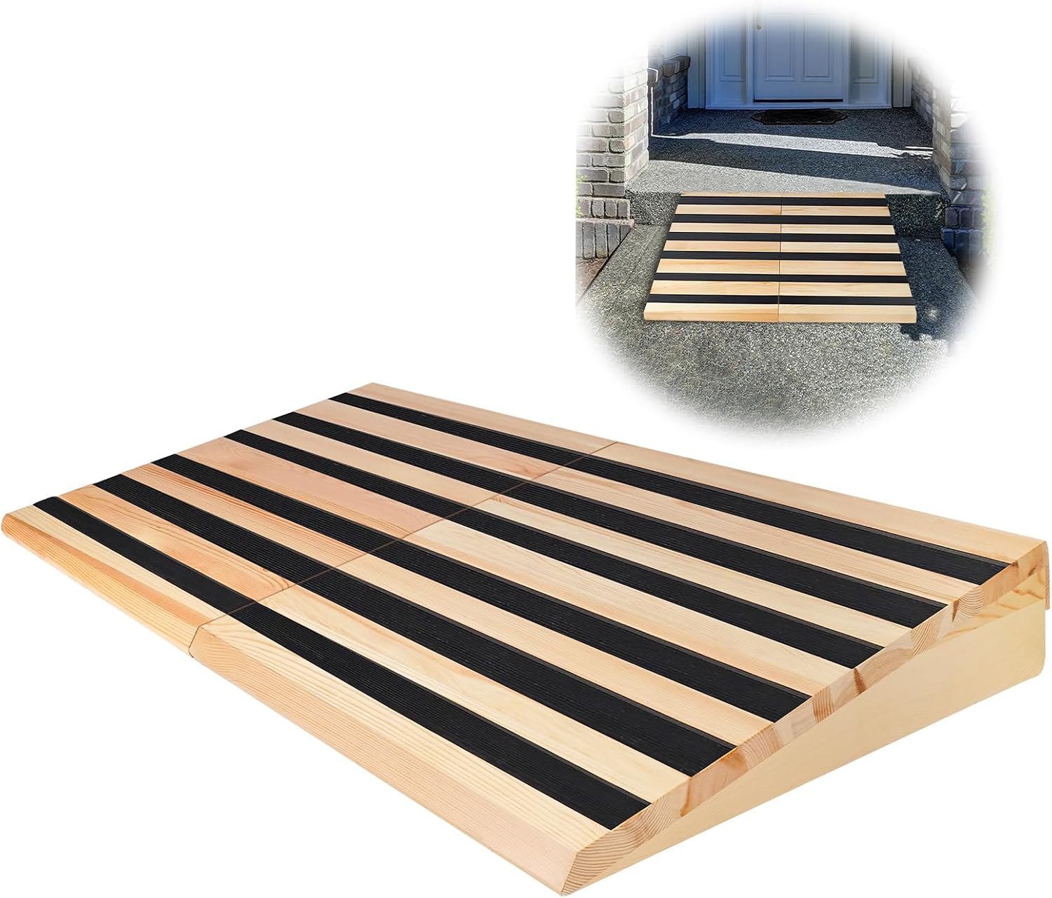 7' Rise Wooden Threshold Ramp for Home Steps, Door Ramp for Wheelchair/Walker/Cart/Scooter, Multipurpose Door Ramp with Non-Slip Stripes(35.4' W*7.0' H, Solid Wood, 800LBs Capacity)