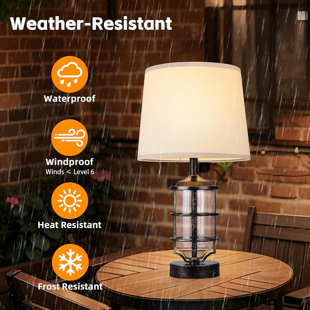 Outdoor Table Lamp, Farmhouse Lamp for Patio Table Decor with Cord, Rustic Table Light with Seeded Glass, 23.5' Plug-in Outdoor Lamps for Patio Waterproof, LED Bulb Included (Antique Copper Color)