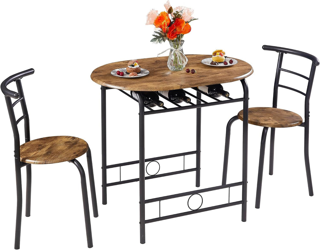 VECELO 3 Piece Small Round Dining Table Set for Kitchen Breakfast Nook, Wood Grain Tabletop with Wine Storage Rack, Save Space, Antique & Black