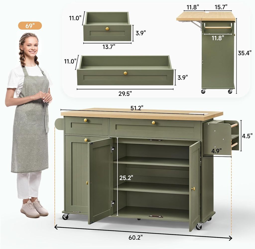 60' Kitchen Island with Power Outlet & Drop Leaf, Kitchen Rolling Island with Spice Rack & Towel Rack, Knife Holder, Kitchen Island Cart with Trash Storage Cabinet, Mobile Island Table for Kitchen