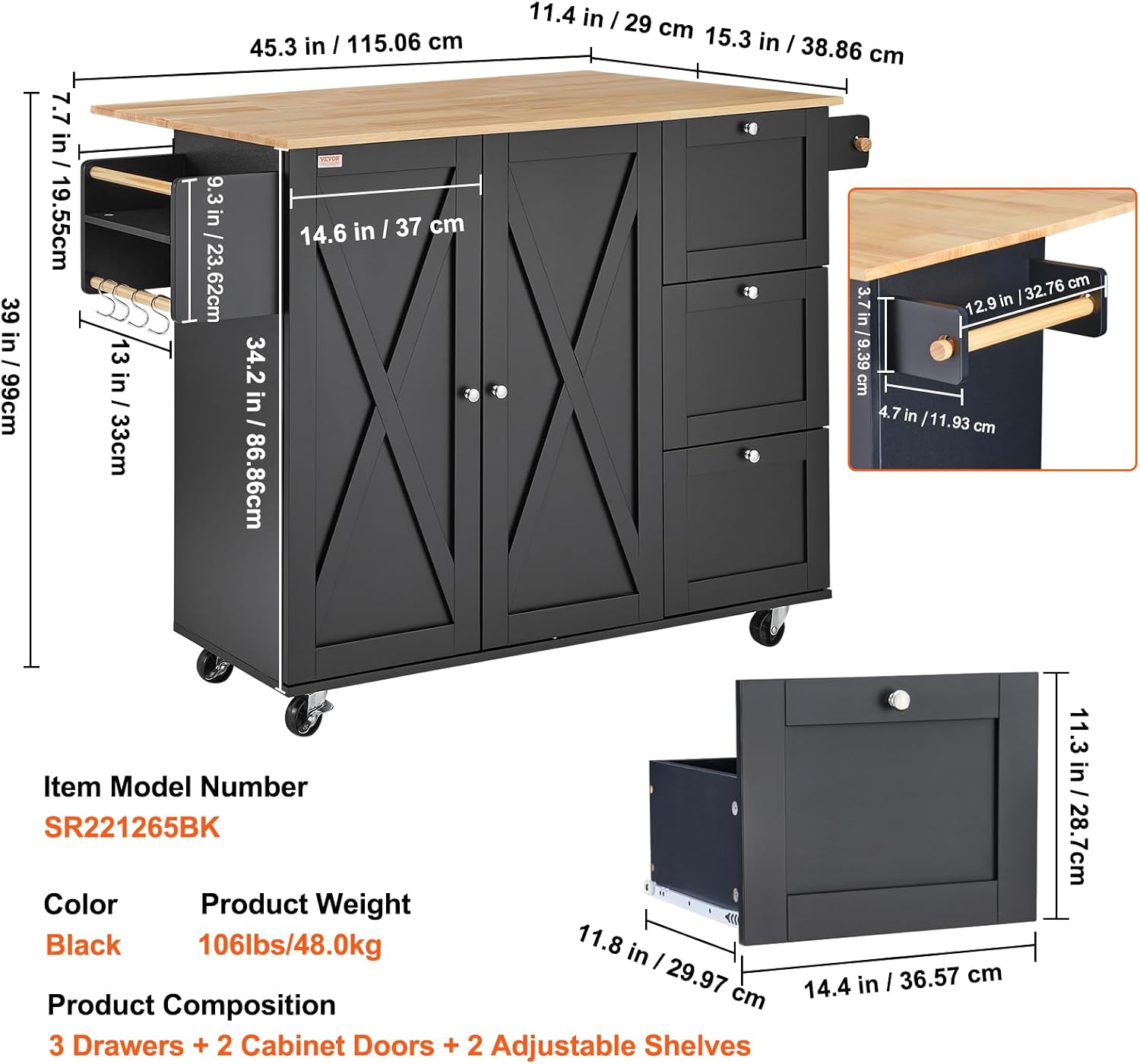 VEVOR Kitchen Island Cart, Rolling Table with Drop Leaf, Spice Rack, Towel Bar, Adjustable Shelf, Drawer, and Hooks, Mobile Island on Wheels, Mobile Carts with Storage Cabinet, 45.3' Wood Top, Black