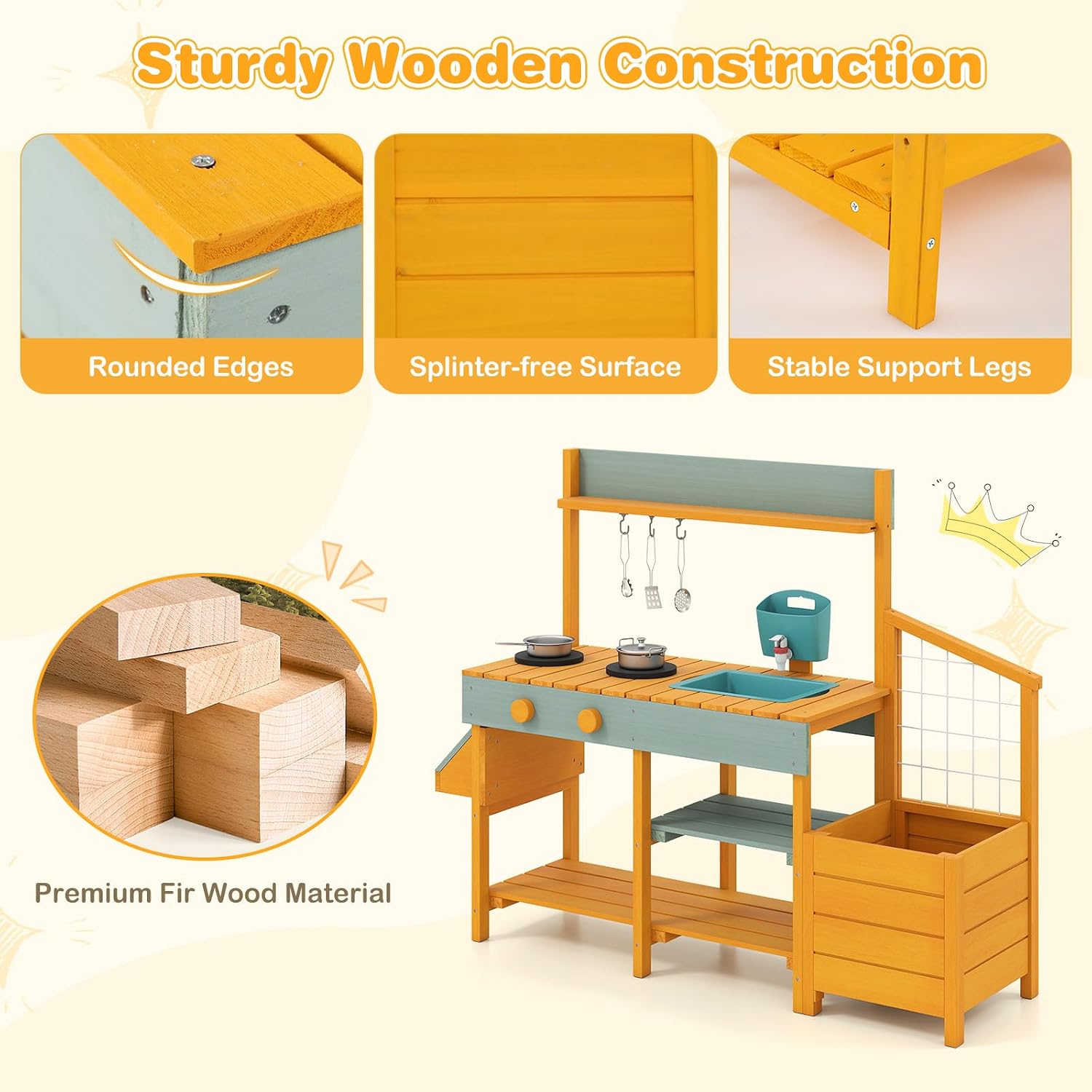HONEY JOY Mud Kitchen, Cedar Wood Pretend Play Kitchen for Toddlers, Plant Growing Box & Trellis, Real Faucet w/Running Water, Sink, Accessories, Outdoor Kids Kitchen Playset for Garden Fun(Yellow)
