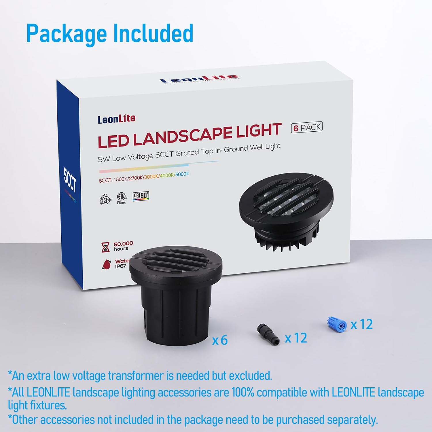 LEONLITE Dia. 4 Inch Well Lights Landscape LED In Ground, Grated Top, 5 Color Temperature Selectable, 12-24V AC/DC CRI90 Low Voltage Garden Landscaping, Black Aluminum Housing, Pack of 6
