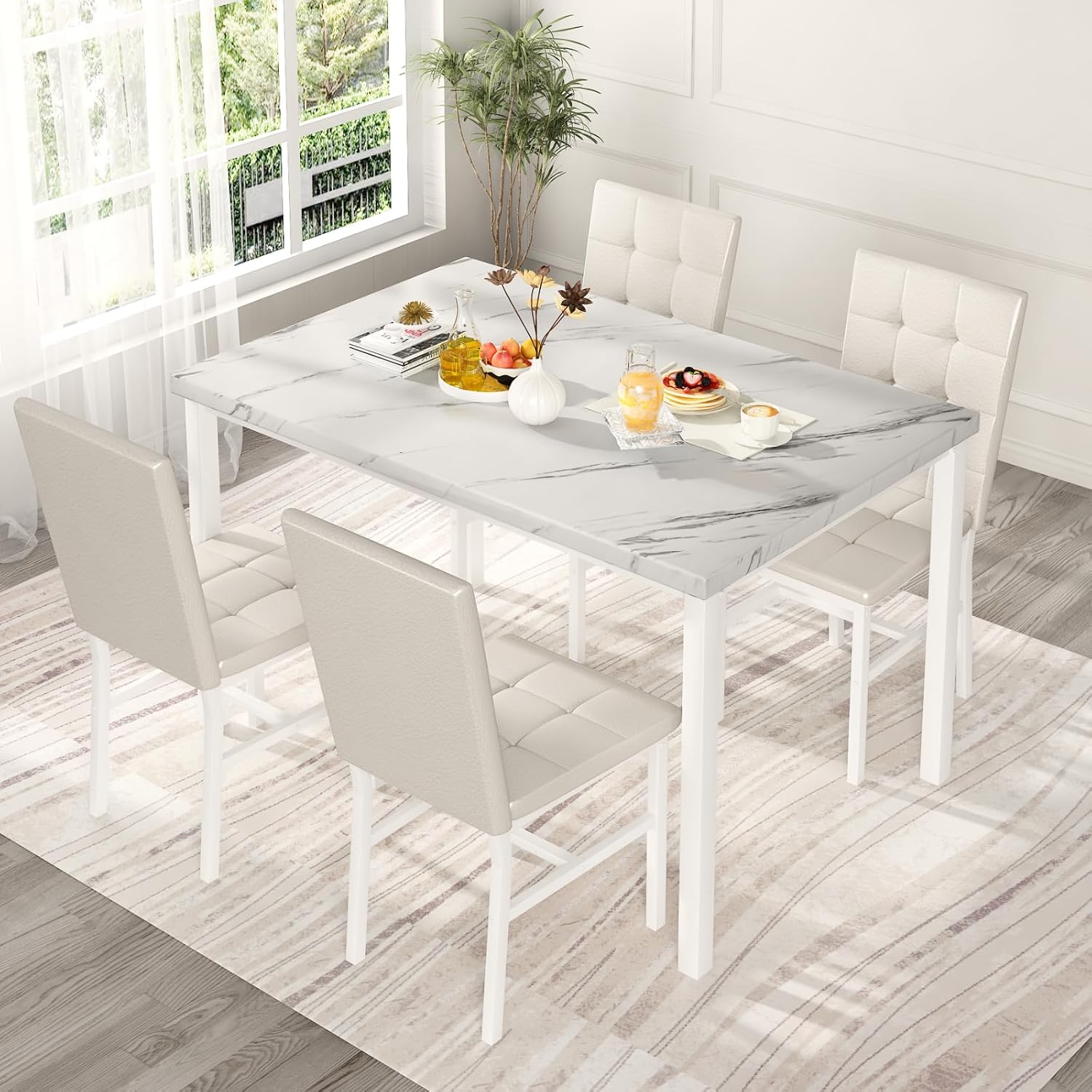 Hooseng Dining Room Table Set 5 Piece Dining Table Set Marble Dining Table 4 Chair Dining Table Set for Kitchen Living Room Breakfast Small Spaces (White)