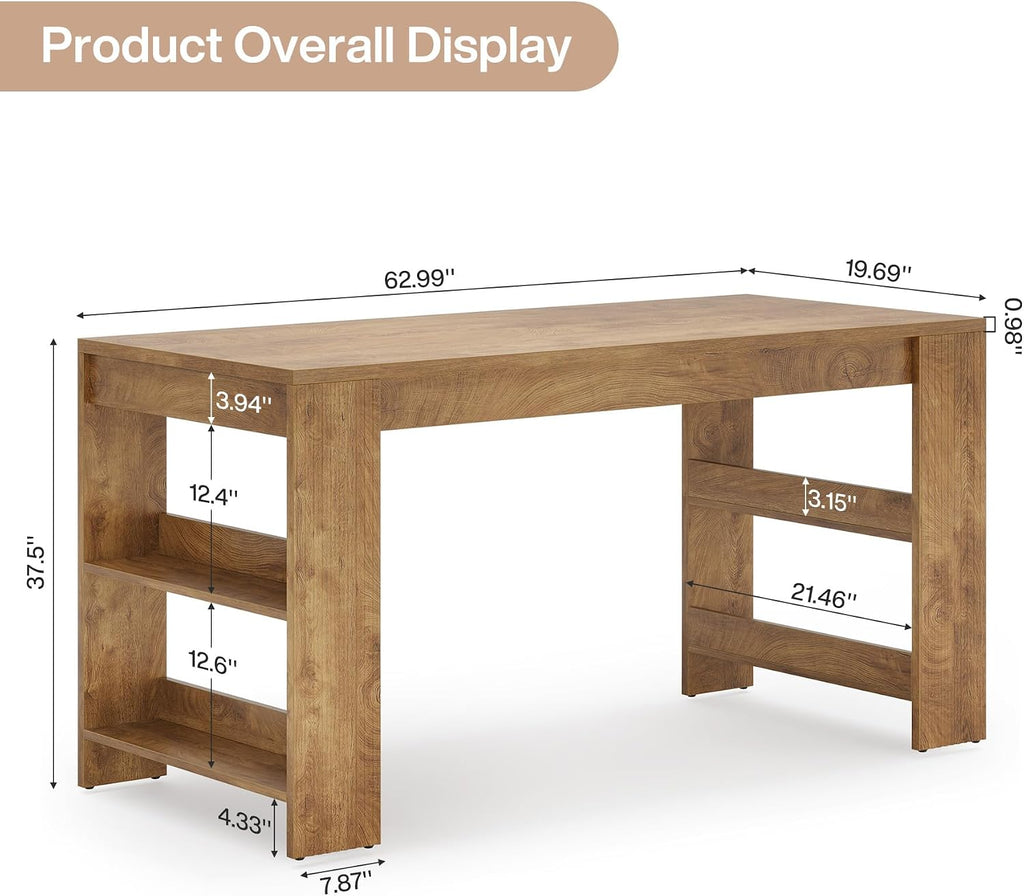 Tribesigns 63-Inch Bar Table, Farmhouse Counter Height Pub Table with Storage Shelves, High Top Bar Unit for Kitchen, Dining Room, Bistro, Natural