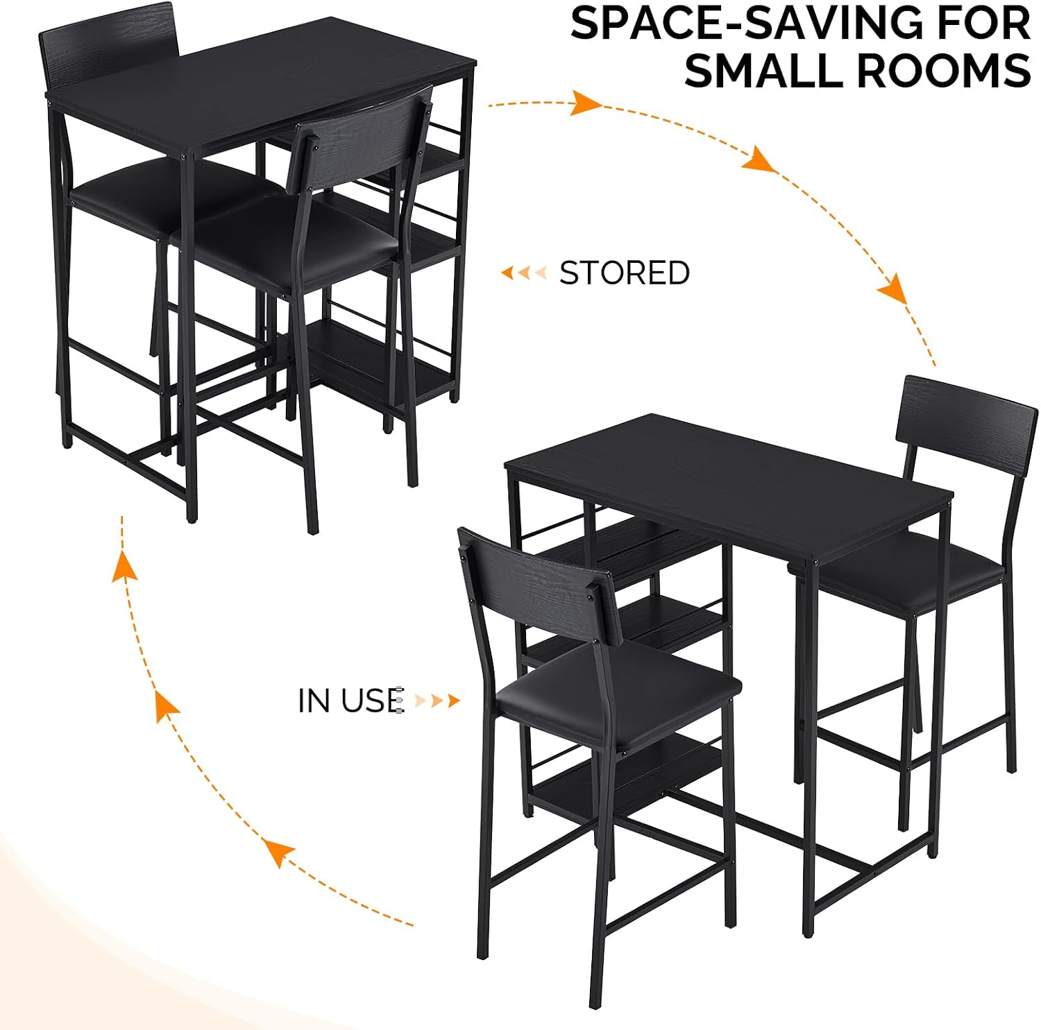 VINGLI Dining Table Set for 2, Kitchen Breakfast Counter Height Small 3 Piece Bar Table and Chairs Set with Storage, Black
