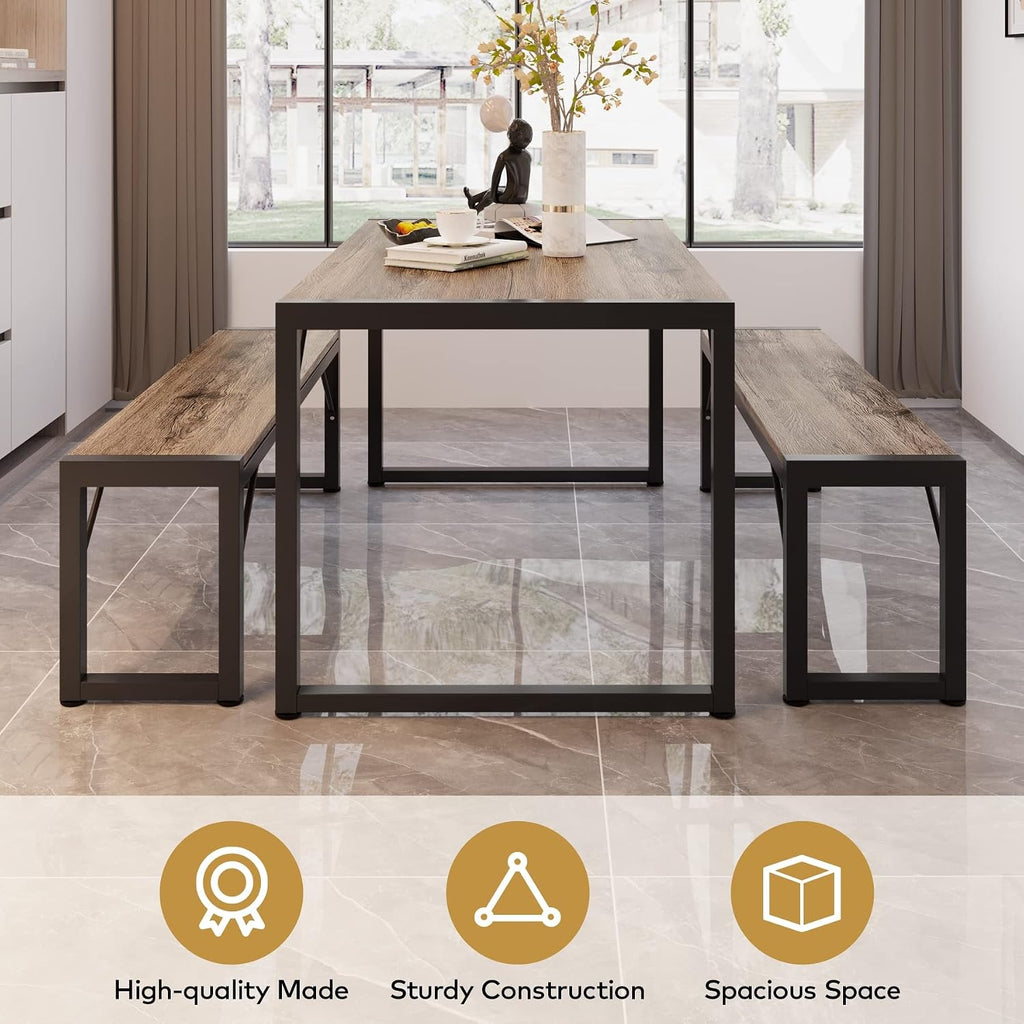 Gizoon 45.5' Dining Table Set for 4 with 2 Benches, Kitchen Table Set with Metal Frame & MDF Board, Space-Saving Dinette for Kitchen, Dining Room -Grey