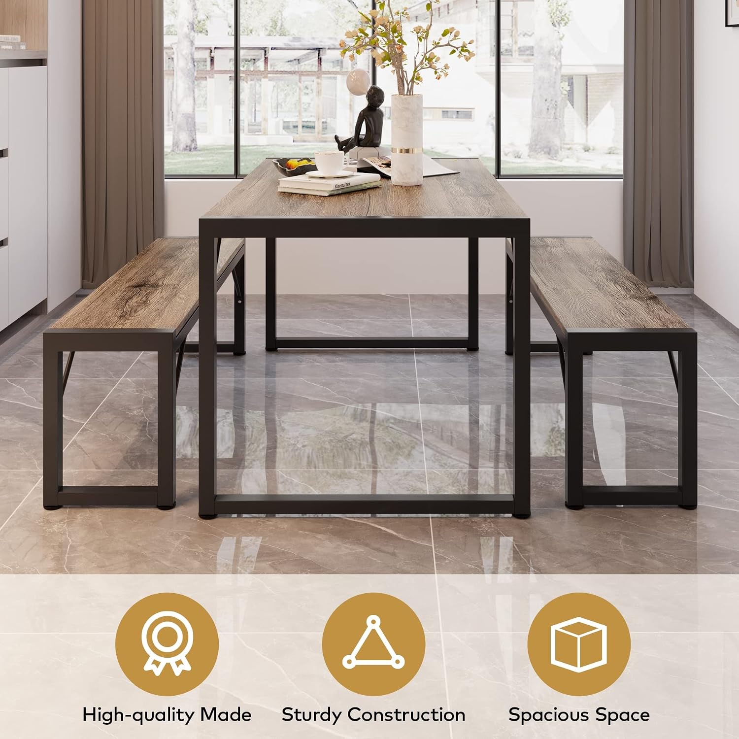Gizoon 45.5' Dining Table Set for 4 with 2 Benches, Kitchen Table Set with Metal Frame & MDF Board, Space-Saving Dinette for Kitchen, Dining Room -Grey