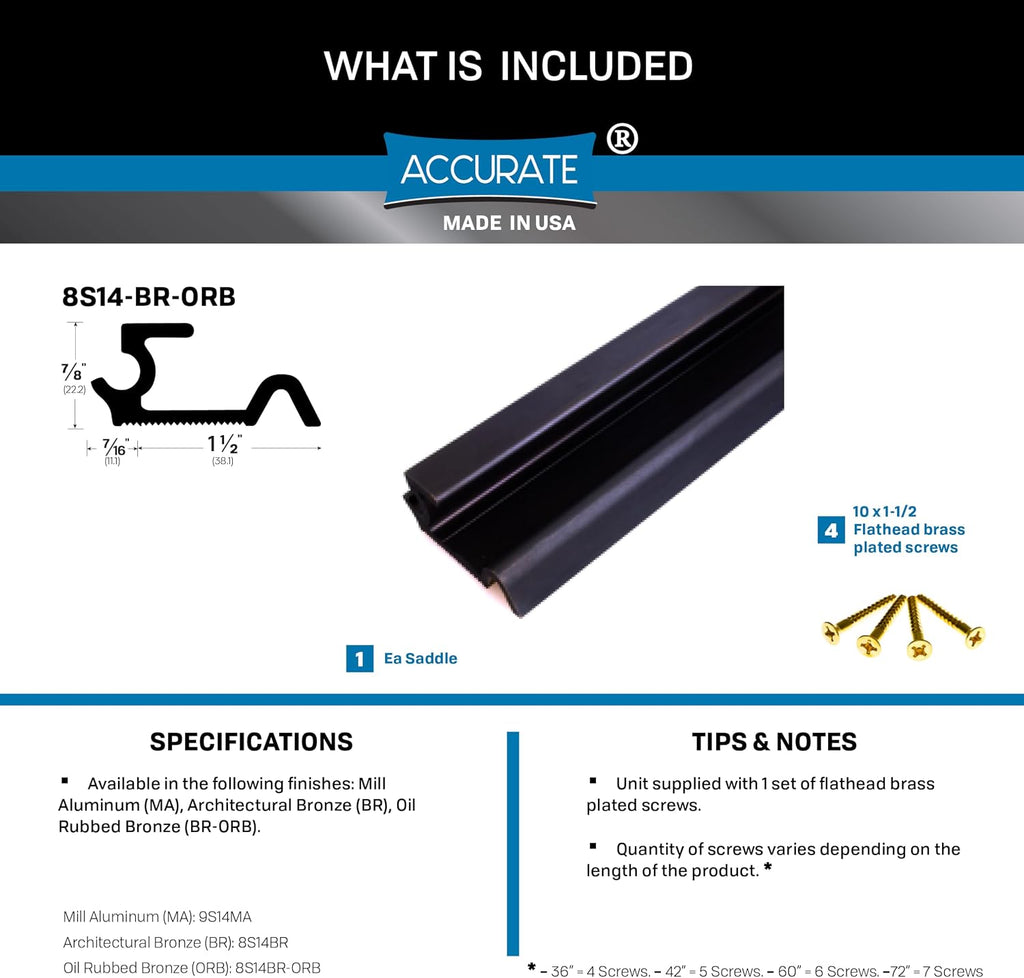 Architectural Bronze/Brass Sectional Unit Door Threshold/Saddle (S14) – 7/8' H x 1-1/2' W – Includes #10 x 1-1/2' Brass-Plated Screws (32', Oil-Rubbed Bronze)