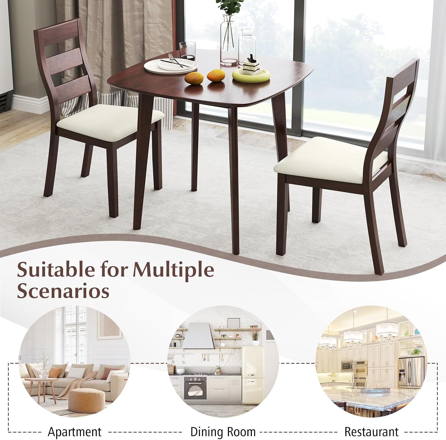 Giantex Small Dining Table Set for 2, Wood Square Kitchen Table and 2 Dinner Chairs with Upholstered Seat & Curved Backrest, Space-Saving Dinette Set for Small Space, Living Room, Dining Room