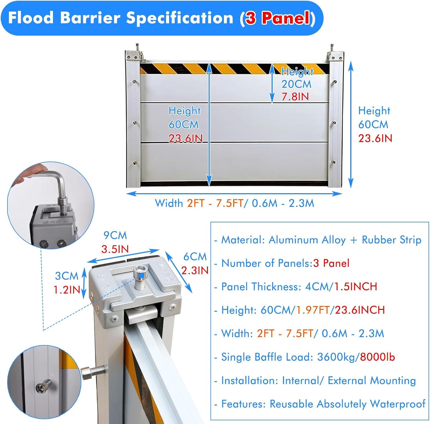 Heavy Duty Water Flood Control Shield Metal Water Barriers for Flooding with Fittings, 2 3 4 5 6 7 7.5 FT Wide Flood Control Protection Baffle/Exterior Door,Silver-h 60cm/23.6in-W 3.5FT/1.1M
