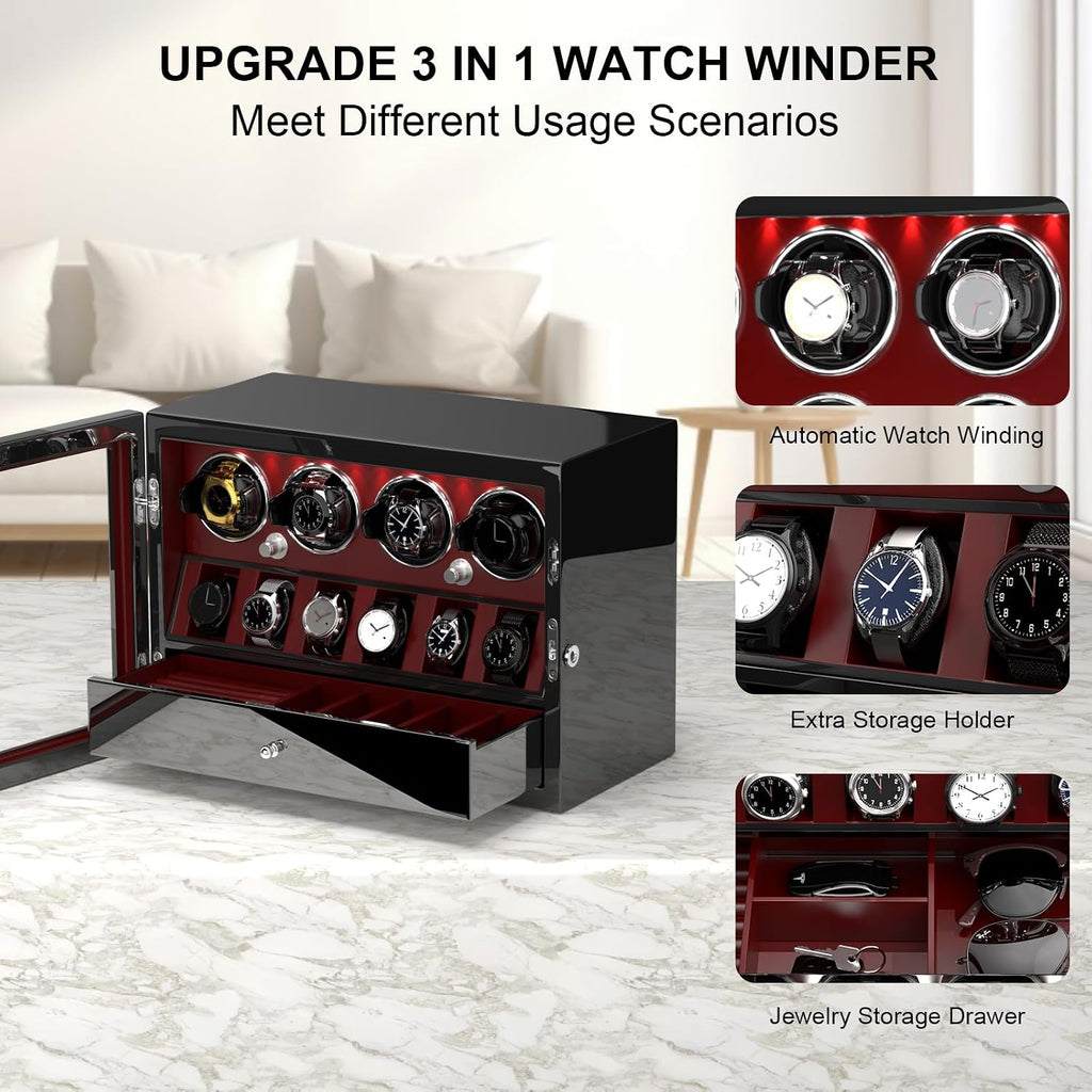 DUKWIN Watch Winder for 4/6/8 Automatic Watches, Lockable Winders with Watch Holders and Jewelry Storage, Super Quiet Motor with High-Gloss Finish, Built-in Illumination