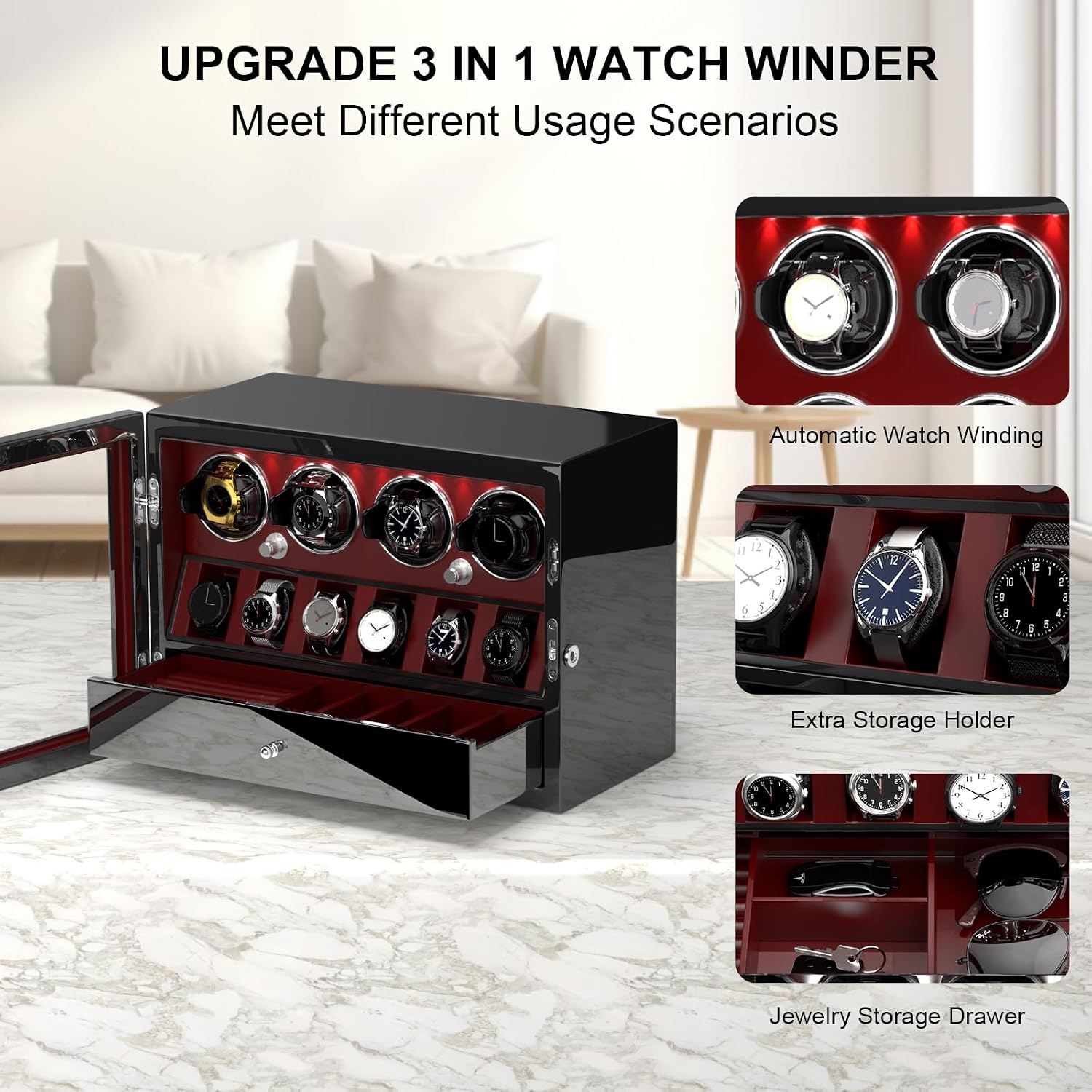 DUKWIN Watch Winder for 4/6/8 Automatic Watches, Lockable Winders with Watch Holders and Jewelry Storage, Super Quiet Motor with High-Gloss Finish, Built-in Illumination