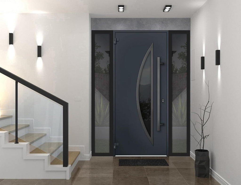 VDOMDOORS Front Exterior Prehung Steel Door/Deux 6501 Anthracite / 2 Side Exterior Windows/Stainless Inserts Single Modern Painted-W12+36+12' x H80-Right-hand Inswing