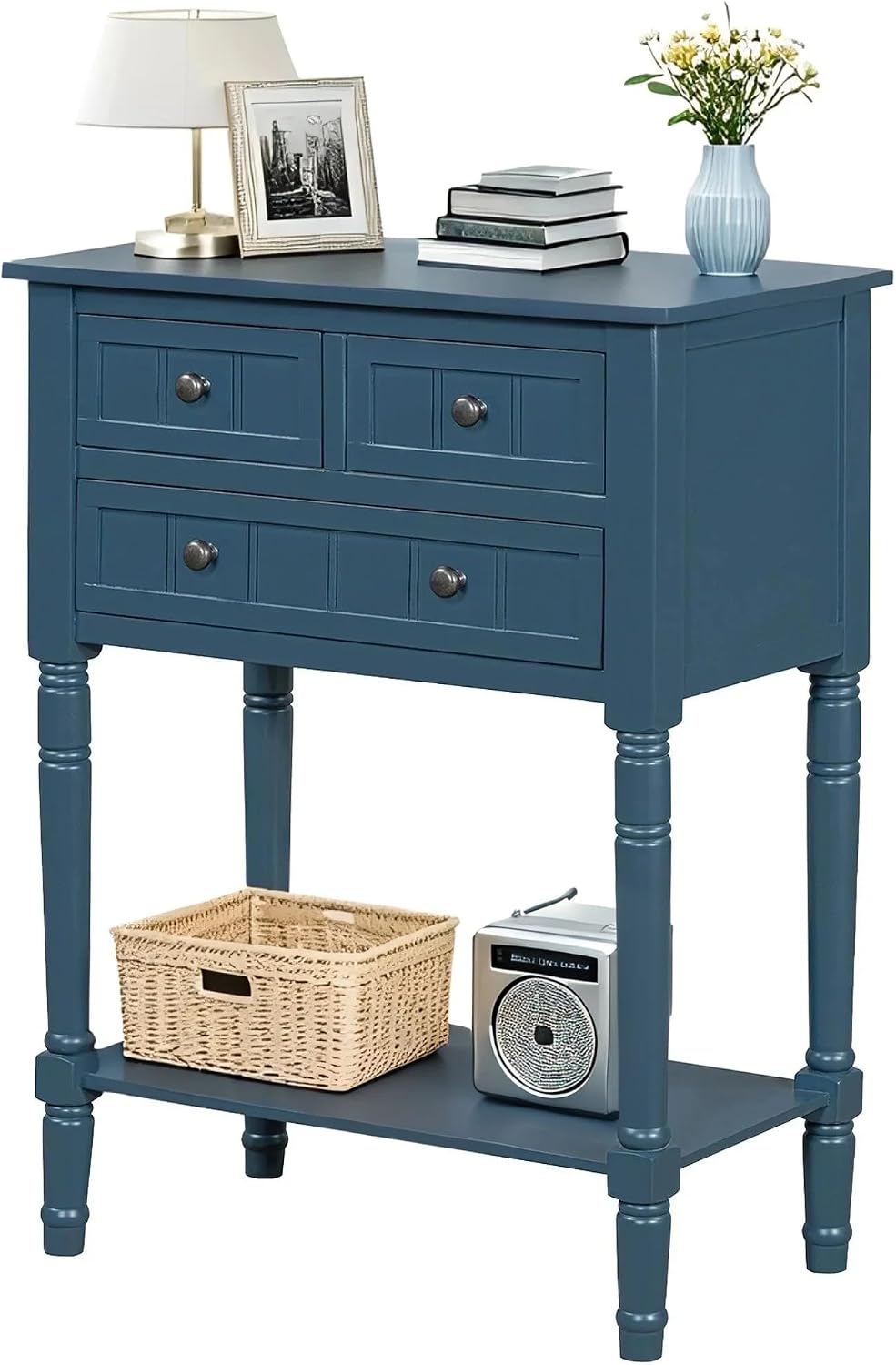 LKTART Small Solid Wood Sofa Table,Console Table with Drawers and Bottom Shelf, Narrow Entryway Hallway Foyer Entry Table for Living Room(23.7' Navy Blue)
