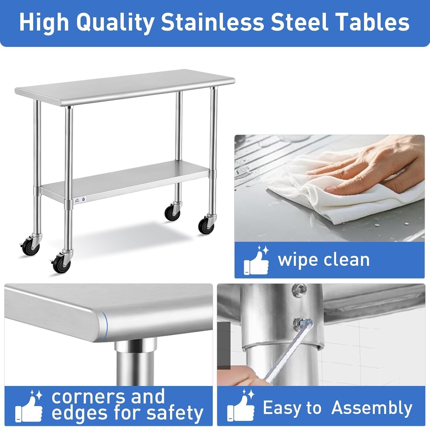 ROCKPOINT Stainless Steel Table for Prep & Work with Caster Wheels 30x72 Inches, NSF Metal Commercial Kitchen Heavy Duty Table with Adjustable Under Shelf and Table Foot for Restaurant, Home and Hotel