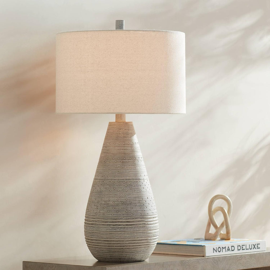 360 Lighting Julio Modern Table Lamp 30' Tall Natural Gray Textured Ceramic Off-White Oatmeal Fabric Drum Shade Decor for Living Room Bedroom House Bedside Nightstand Home Office Family