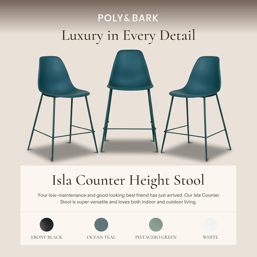 Poly & BARK Isla Bar Stools Set of 3 – Counter Height Bar Stool for Kitchen – Set of Counter Stools – Indoor/Outdoor Barstools – Modern Kitchen Bar Stools - Ocean Teal