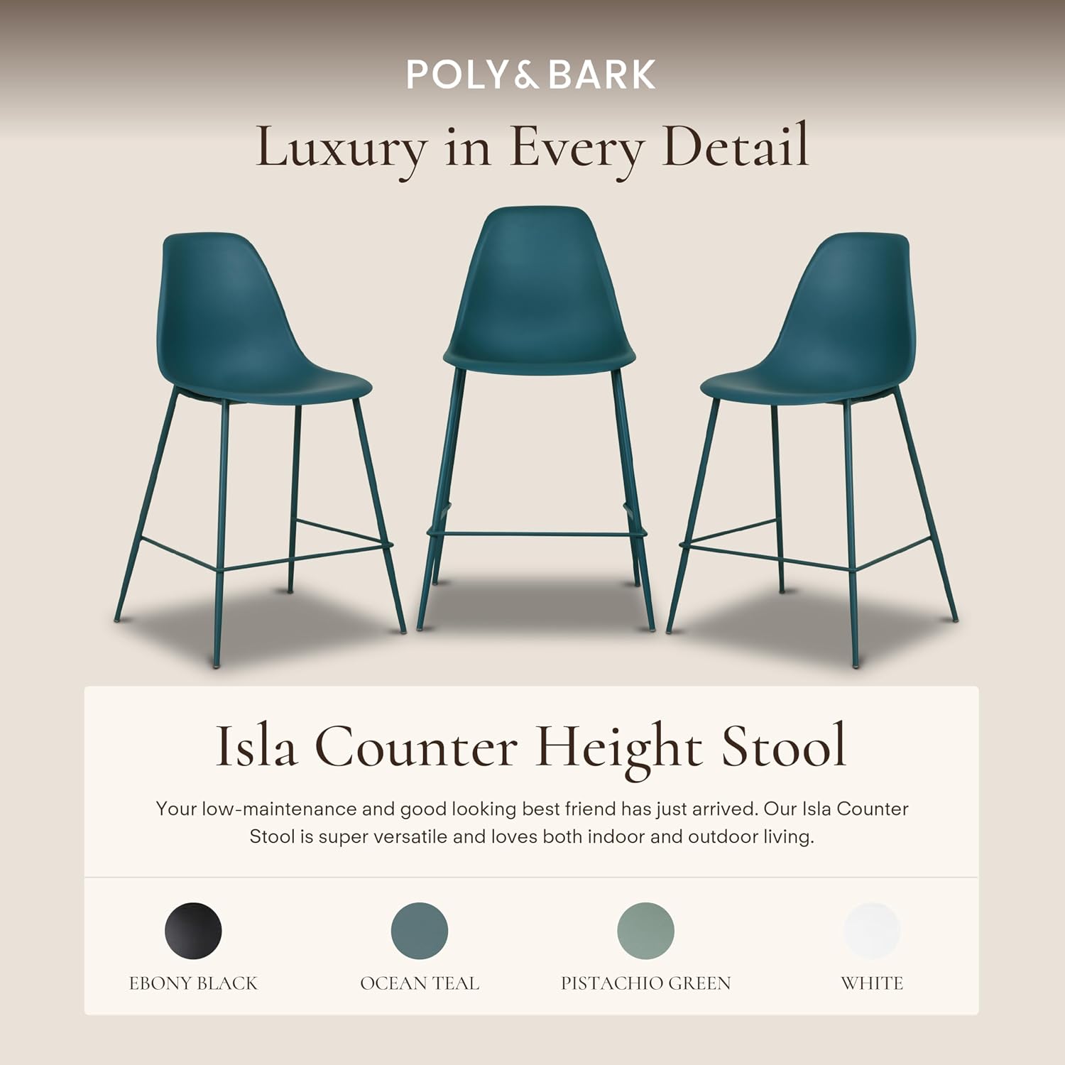Poly & BARK Isla Bar Stools Set of 3 – Counter Height Bar Stool for Kitchen – Set of Counter Stools – Indoor/Outdoor Barstools – Modern Kitchen Bar Stools - Ocean Teal
