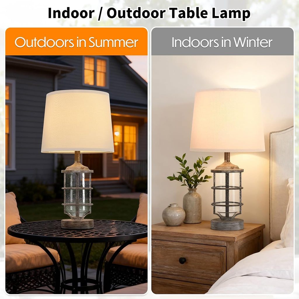 Outdoor Table Lamp, Farmhouse Lamp for Patio Table Decor with Cord, Rustic Table Light with Seeded Glass, 23.5' Plug-in Outdoor Lamps for Patio Waterproof, LED Bulb Included (Antique White Color)