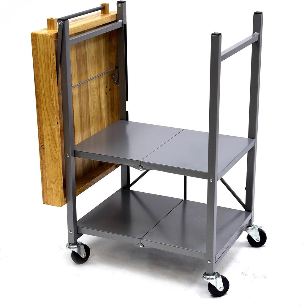 Origami Foldable Kitchen Island Cart, Rolling Storage Table Organizer with Wheels, Silver