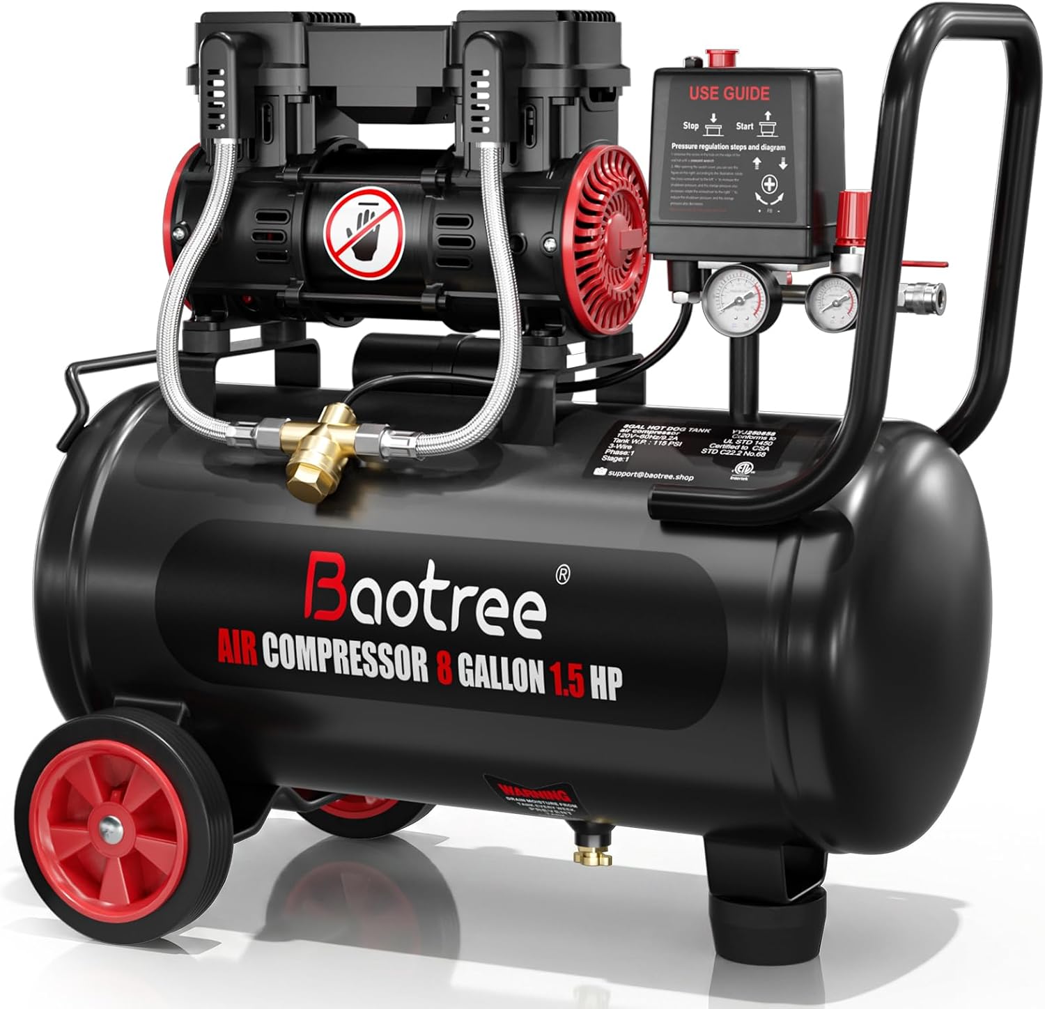 8 Gallon Ultra Quiet Air Compressor with Two Quick Couplers, 1.5HP MAX 115PSI Oil-Free Air Compressor Steel Tanks, 70dB Air Compressor with Wheels for Spray Painting, Auto Repair, Woodwork Nailing