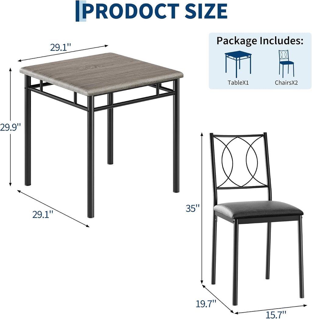 Garvee Dining Table Set for 2, Small Kitchen Table with Upholstered Chairs, Farmhouse Wood Dining Table Chairs for Kitchen Room, Small Spaces, Apartment, Grey