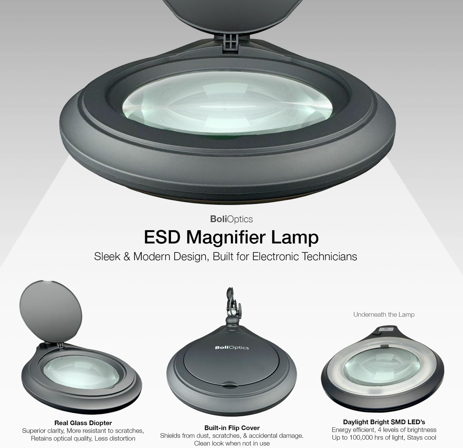 ESD Safe (Glass Lens) Professional LED Magnifying Lamp with Clamp (3 Diopter, 1.75X) Work Light, 4 Brightness Levels, Daylight Bright, 1200 Lumens, 5600K-6000K, Matte Black, BoliOptics MG16303122