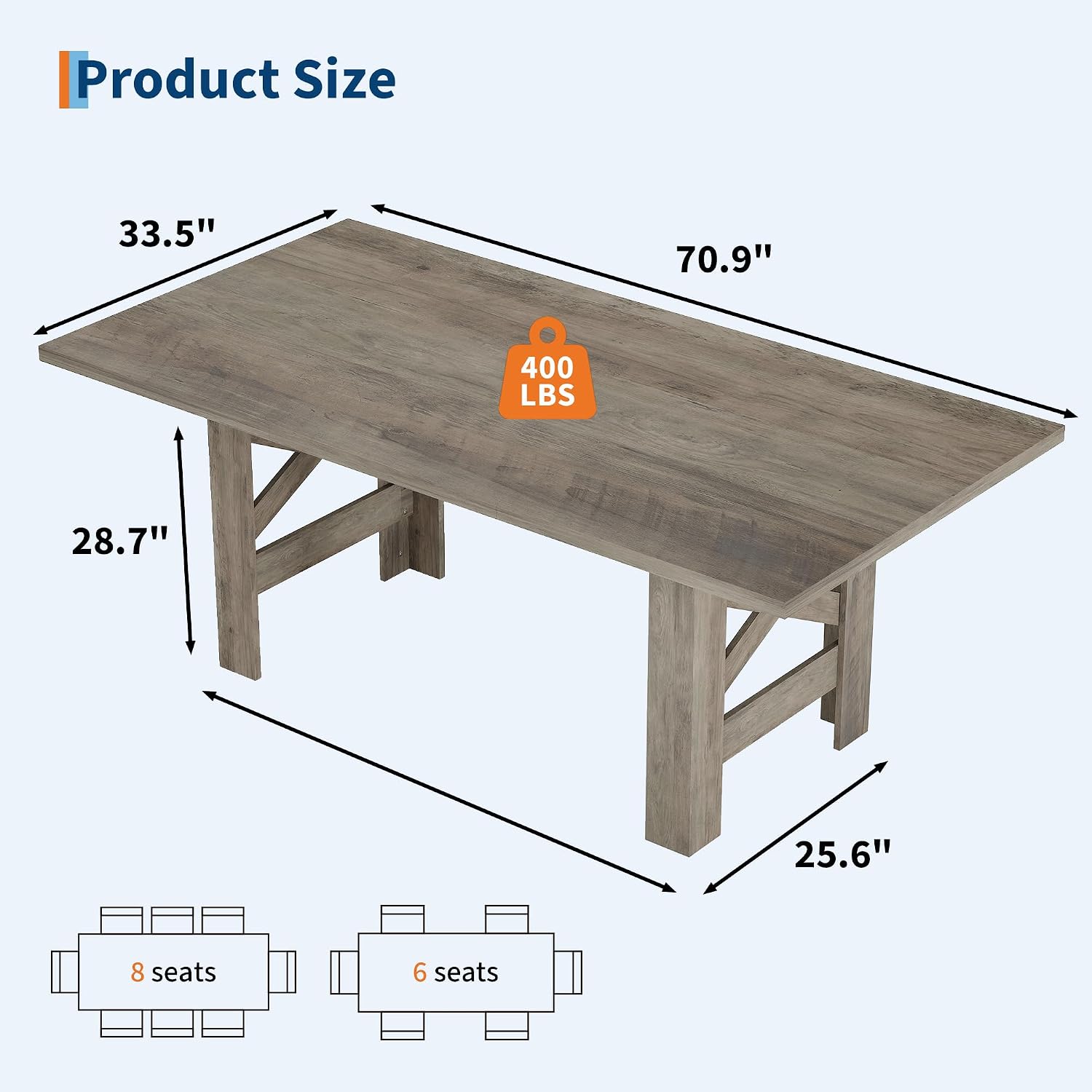 GarveeHome Dining Table for 6-8, 71' Long Wooden Farmhouse Barn Kitchen Table with Thick Sturdy Frame, Rectangular Dining Room Dinner Table with Stable Triangular Legs for Kitchen, Office, Retro Gray