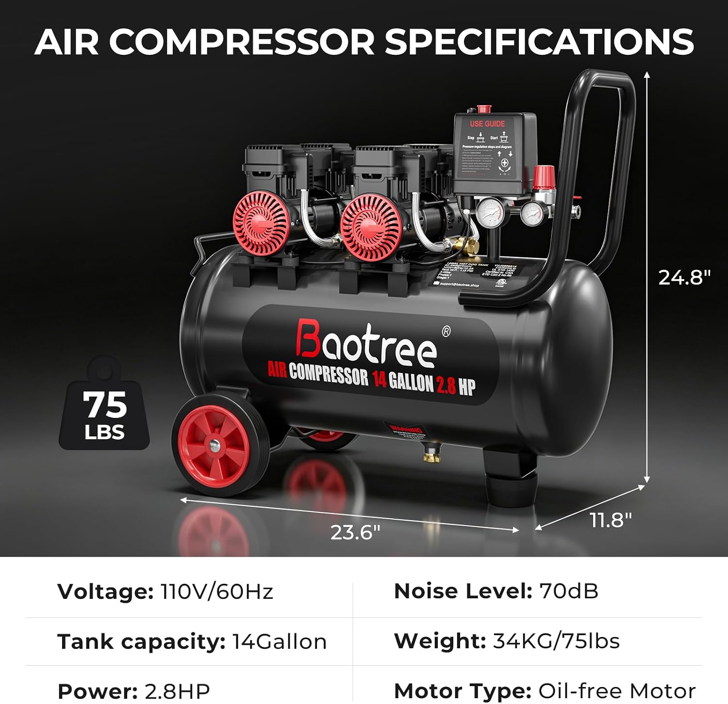 14 Gallon Ultra Quiet Air Compressor with Two Quick Couplers, 2.8HP MAX 115PSI Oil-Free Air Compressor Steel Tanks, 70dB Air Compressor with Wheels for Spray Painting, Auto Repair, Woodwork Nailing