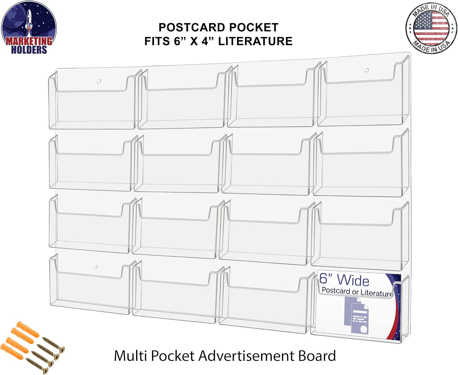 Marketing Holders Post Card Holder Acrylic 16 Pockets Holds 6' Printed Media Hanging Hardware Included Use at Real Estate Offices Hotels Resorts Convention Centers Hotels Eye Catching Clear