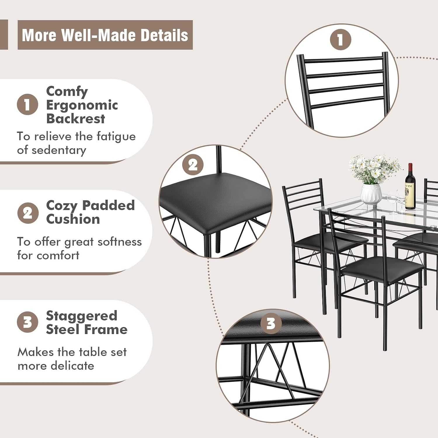 Tangkula Dining Table Set, 5 Pieces Dining Set with Tempered Glass Top Table and 4 Chairs, Kitchen Dining Room Furniture, Black