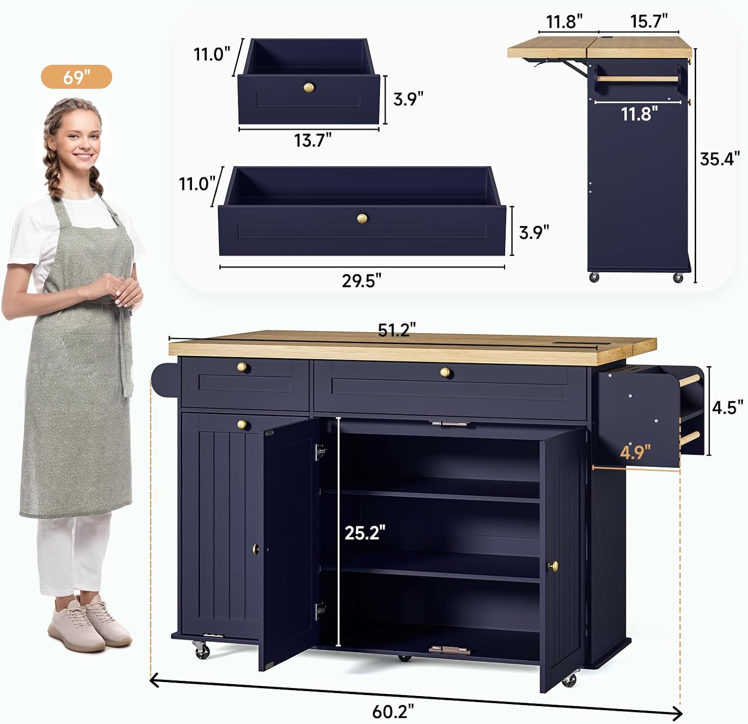 ONBRILL 60' Kitchen Island with Power Outlet & Drop Leaf, Mobile Storage Island with Spice Rack & Towel Rack, 4 Levels, Blue