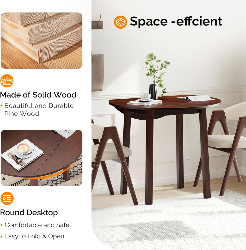 VINGLI 35' Solid Wood Folding Dining Table, Drop Leaf Kichen Dining Room Desk for Small Spaces, Small Kitchen, Expandable Folding Round Table for Home, Apartment,Office, Brown