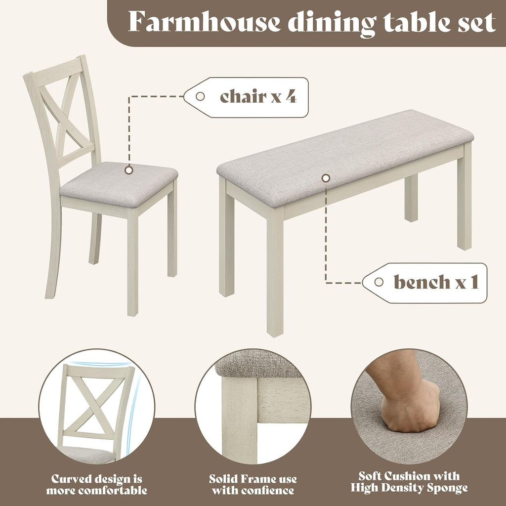 LUXOAK 6-Piece Solid Wood Dining Table Set, 71' Farmhouse Kitchen Table with 4 Upholstered Chairs and Bench, Large Dining Room & Kitchen Furniture Set, Cream White