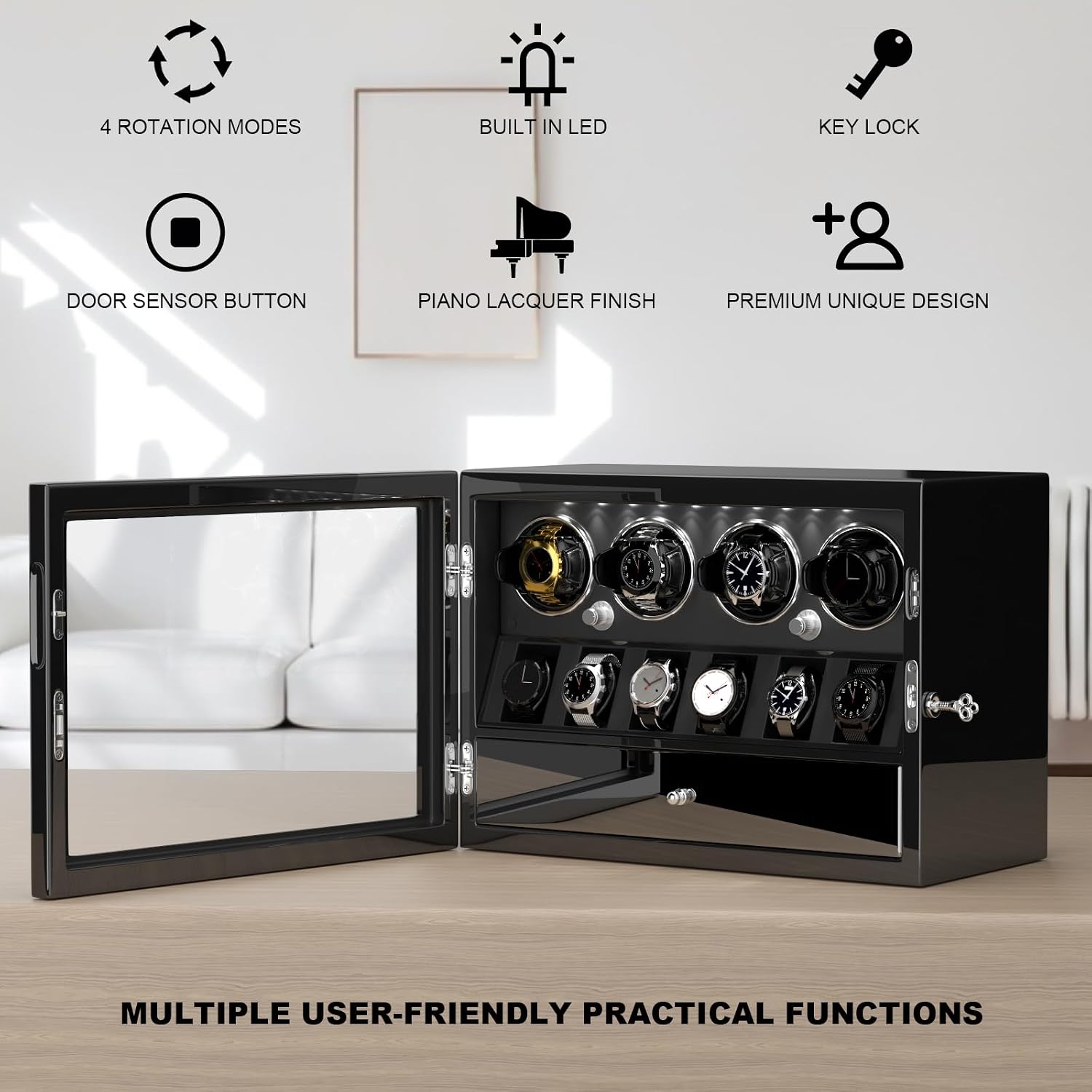 DUKWIN Watch Winder for 4/6/8 Automatic Watches, Lockable Winders with Watch Holders and Jewelry Storage, Super Quiet Motor with High-Gloss Finish, Built-in Illumination