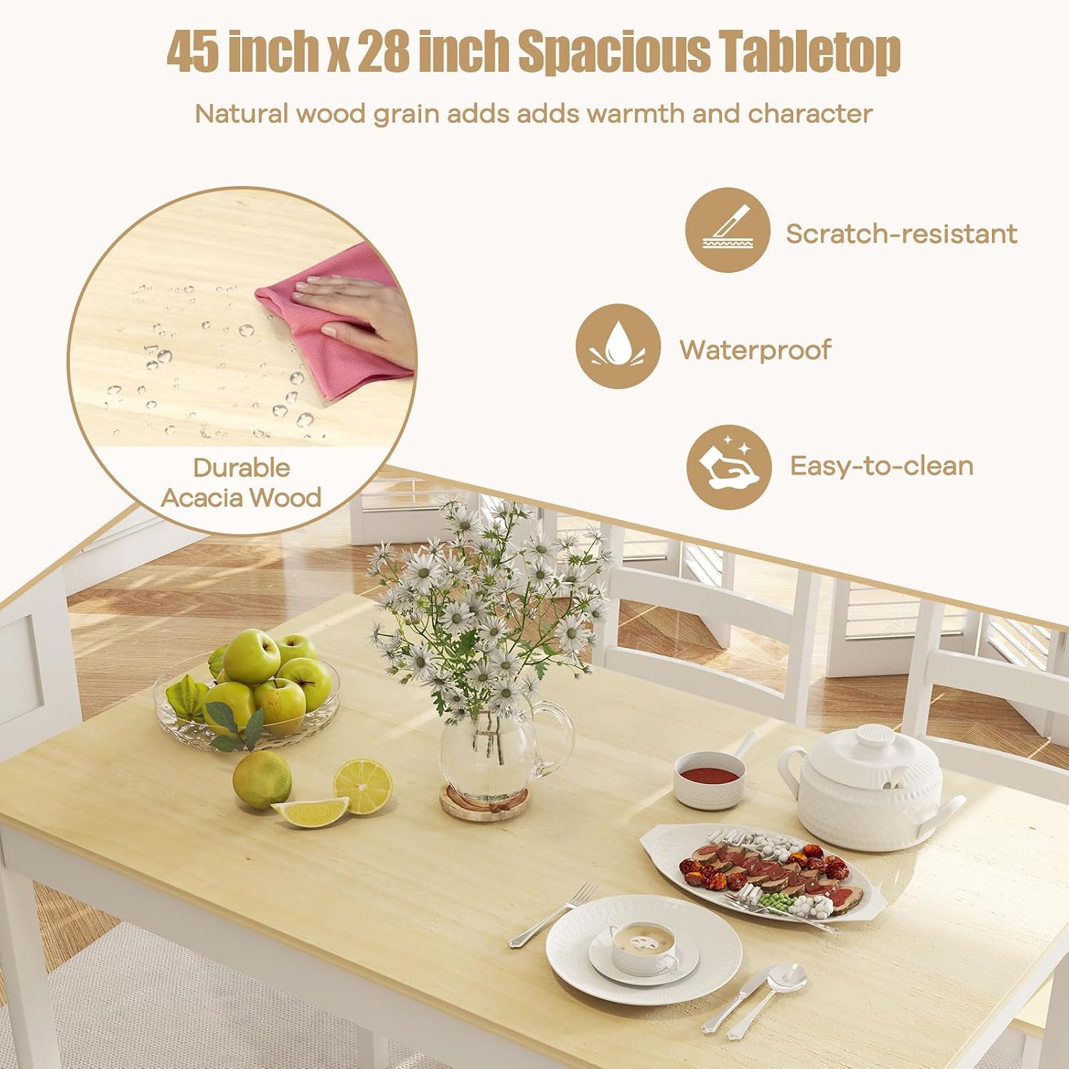 NAFORT Kitchen Table Set for 4, Solid Wood Dining Table and Chairs Set of 4, Farmhouse Dinner Table Set w/Rubber Wood Legs, Mid-Century Modern Dinette Set for Kitchen, Dining Room