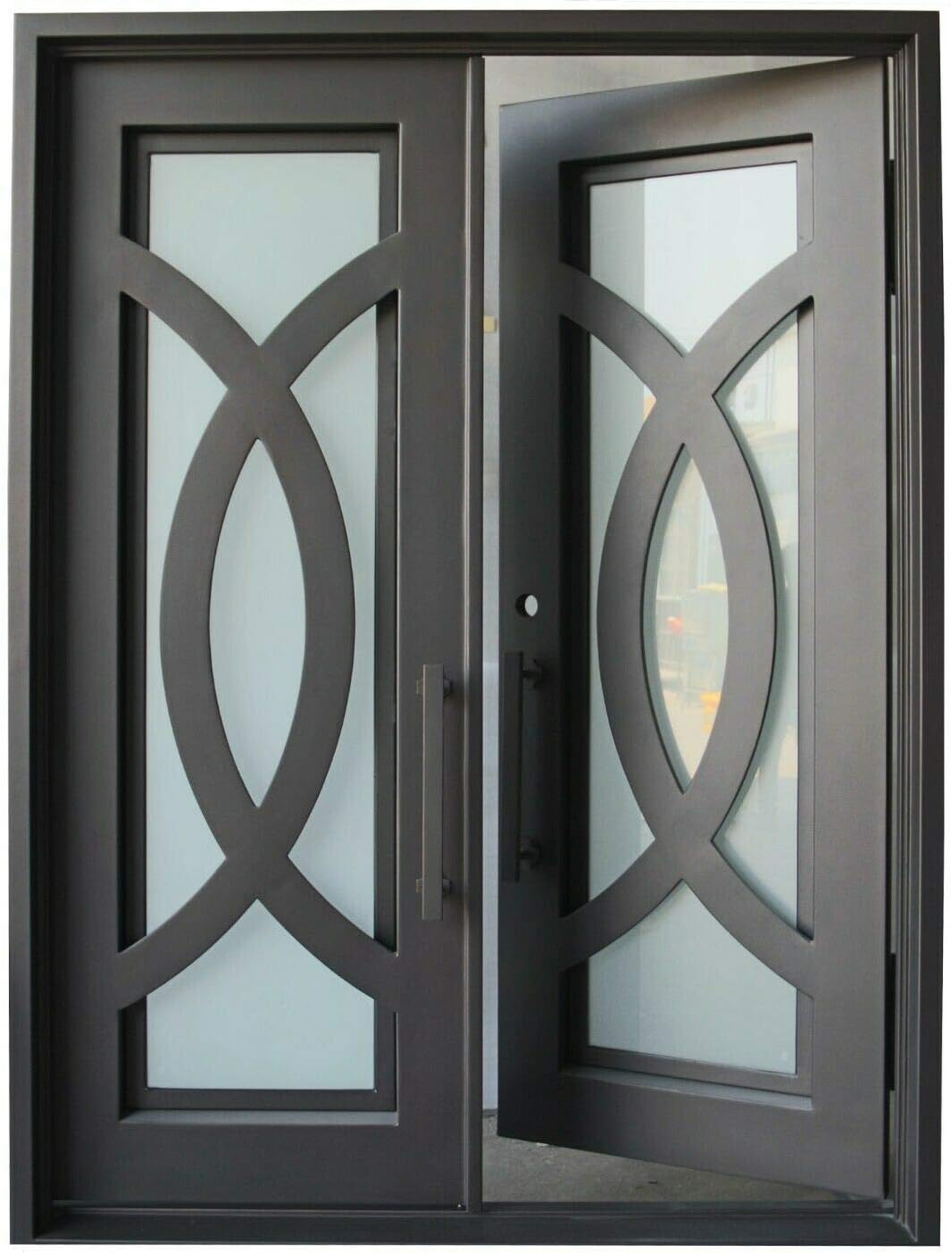 Bellevue Exterior Pre-Hung Double Front Entry Door Wrought Iron with Operable Tempered Frosted Glass Inside Swing Dark Bronze Finish (72 By 96 Right Hinge Active)
