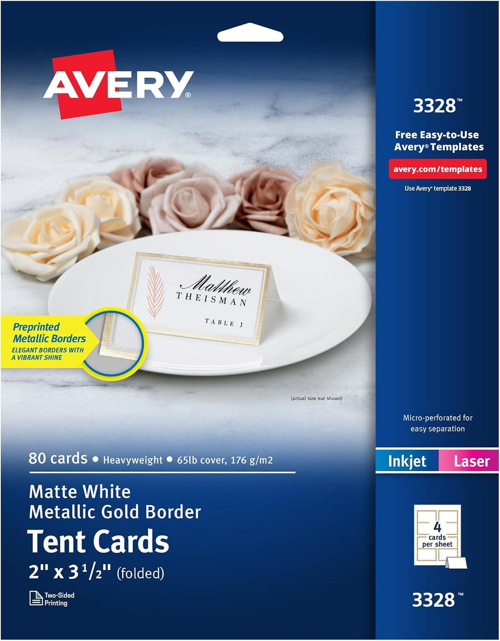 AVERY Tent Cards Metallic Gold Border 2 x 3.5 Inch | White Cardstock | Pre-scored | For Laser & Inkjet Printers | 80 Cards, Pack of 5