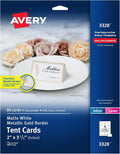 AVERY Tent Cards Metallic Gold Border 2 x 3.5 Inch | White Cardstock | Pre-scored | For Laser & Inkjet Printers | 80 Cards, Pack of 5