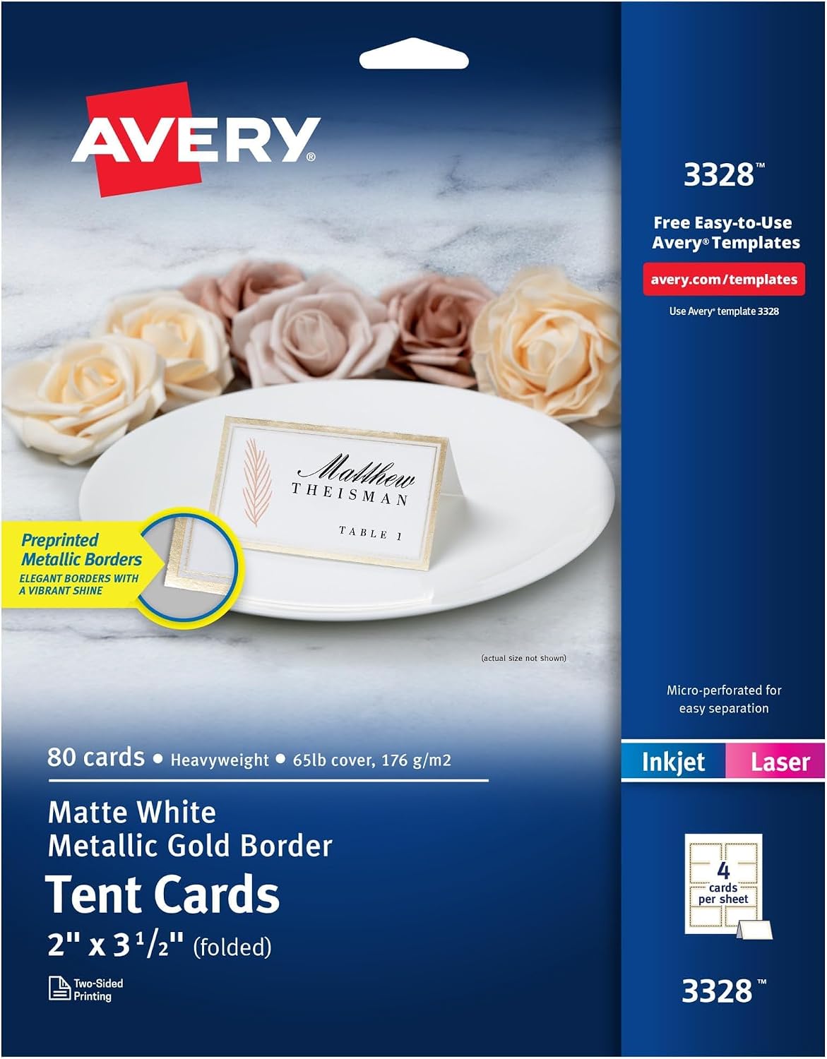 AVERY Tent Cards Metallic Gold Border 2 x 3.5 Inch | White Cardstock | Pre-scored | For Laser & Inkjet Printers | 80 Cards, Pack of 5